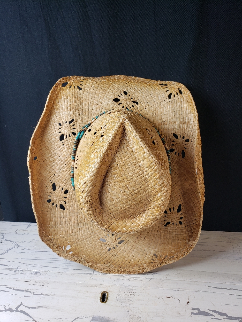 Distressed Style Straw Cowboy Hat with Faux Turquoise Beaded Hatband - OS Unisex - Picture 6 of 14